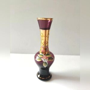 Vintage Hand Painted Floral Plum Amethyst Purple Glass Vase Gold Enamel